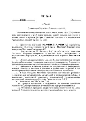 Приказ о проведении Месячника безопасности