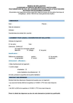 Modèle Déclaration Travaux Éxoneration Taxe Foncière