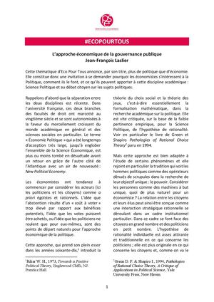 L'approche économique de la gouvernance publique par Jean-François Laslier