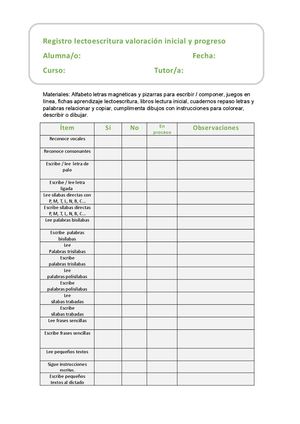Registro Lectoescritura Valoración Inicial Y Progreso