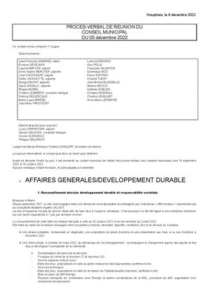 Conseil municipal du 5 décembre 2022 - Procès verbal
