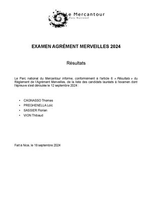 Agrément Merveilles Résultats Examen 2024