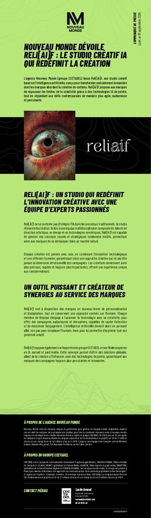Nouveau Monde lance Reli[AI]f son studio créatif IA