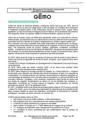 Bts Mco E6 Contexte Entreprise Gemo