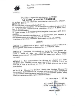 24-AT-1594 Arrêté Du Stationnement Rue Daire à Amiens, Le 28/09/2024