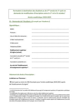 Formulaire de demande de modification d'inscription 24 25
