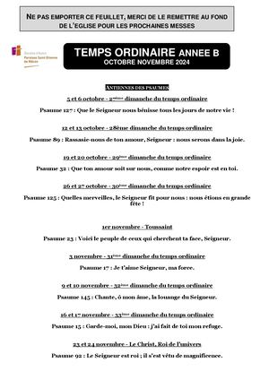 Chants liturgiques Octobre Novembre 2024 -TO année B