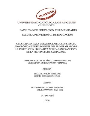Crucigrama Conciencia Fonológica Egoavil Prejo Marlene