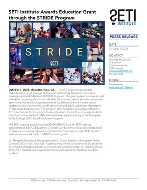 Press Release October 2024 SETI Institute Awards Education Grant through the STRIDE Program