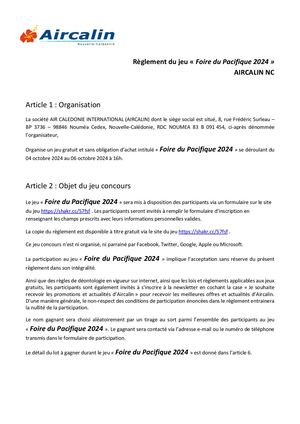 Règlement - Jeu Foire du Pacifique 2024 - Aircalin