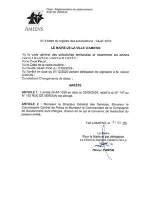 24-AT-1652 Arrêté Du Stationnement Rue De Verdun Amiens 24-AT-1556