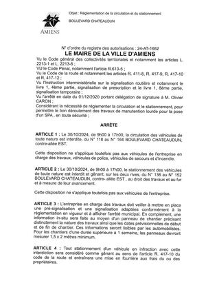 24-AT-1662 Arrêté De La Circulation Et Du Stationnement rue Boulevard Chateaudun à Amiens, Le 30/10/2024