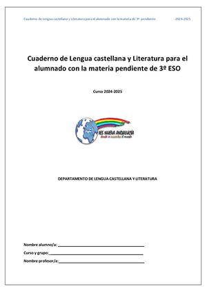 Cuaderno De Lengua Castellana Y Literatura Para El Alumnado Con La Materia Pendiente De 3º Eso