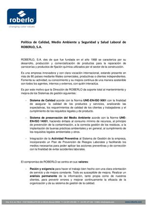 Política Calidad Y Medio Ambiento Roberlo 2022