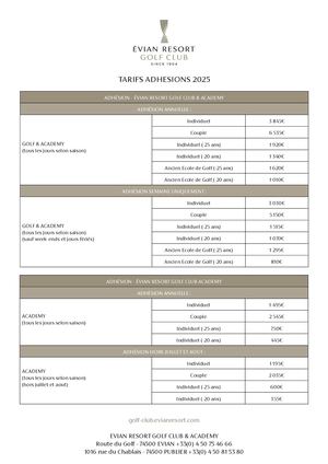 Tarifs Adhérents Evian Resort Golf Club 2022