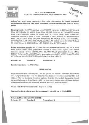 Séance du conseil municipal du lundi 30 septembre 2024