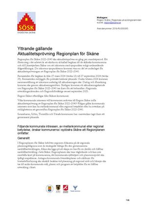 Yttrande avseende aktualisering av regionplan för Skåne 2022-2040