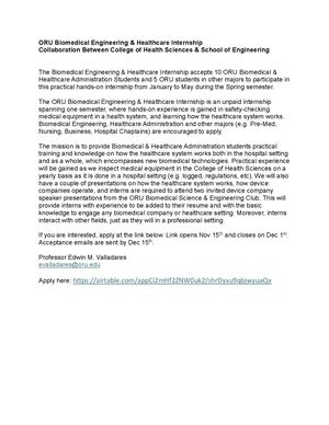 Biomedical Engineering & Healthcare Internship