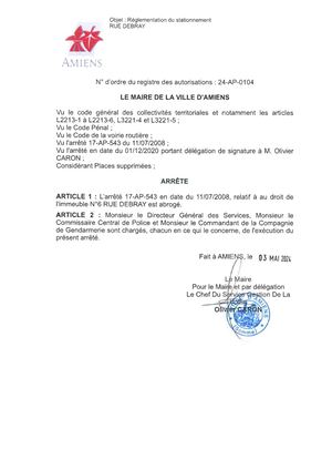 24 Ap 0104 Arrête De Réglementation Du Stationnement 6 Rue Debray à Amiens