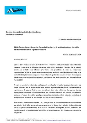 2024 10 Renouvelement DSP - Courrier Direction écoles