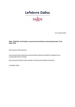Erratum - Les grands textes de libertés et droits fondamentaux, 9e éd., Dalloz, 2024