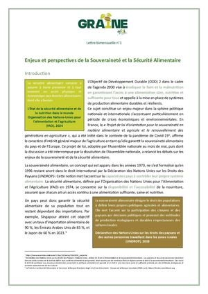 Enjeux Et Perspectives De La Souveraineté Et La Sécurité Alimentaire