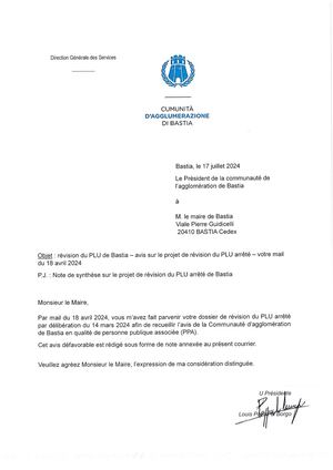 Avis du Président de la CAB sur le PLU de Bastia