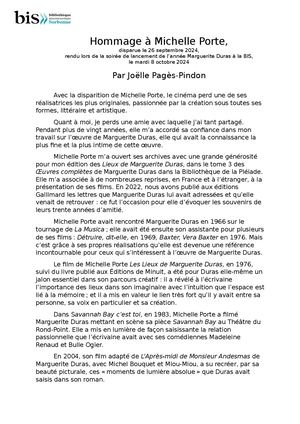Hommage à Michelle Porte par Joëlle Pagès-Pindon à la BIS