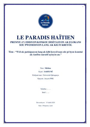 Konkou Teks Ak Elokans LE PARADIS HAÏTIEN, Mirlene Sartune, Chanpyon