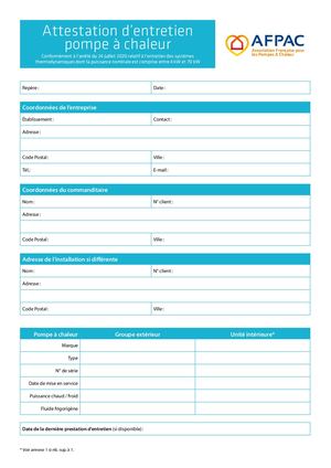 Afpac - Outils de maintenance - Attestation d’entretien pompe à chaleur