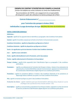 Afpac - Outils de maintenance - Exemple de contrat d'entretien des Pompes à Chaleur Air-Eau ou Eau Glycolée-Eau
