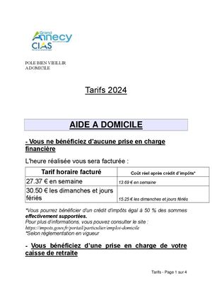 Tarifs 2024 Aides à domicile