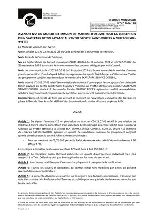 DEC 2024 178 Avenant N°2 Du Marché De Mission De Maîtrise D'oeuvre Pour La Conception D'un Skatepark Béton Paysage Au CSSE