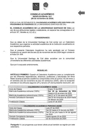 Calendario Académico 2025 Posgrado USC