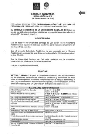 Calendario Académico 2025 Pregrado USC