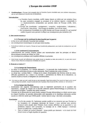 PLAN L’Europe Des Années 1920