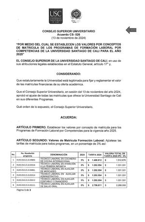 ACUERDO CS 026  (Noviembre 13 De 2024) Derechos Pecuniarios Programas De Formación Laboral 2025 USC