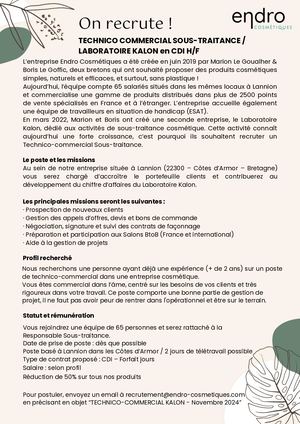 Technico Commercial Sous Traitance Laboratoire Kalon Cdi