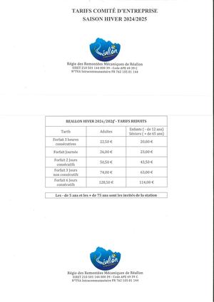 Tarifs Remontées Mécaniques Réallon 2025