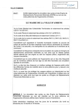 Ar1-2024-01439 Arrête De Réglementation De La Circulation Des Cycles Et Engins De Déplacement Personnels Motorisés, Sur Les Voies Piétonnes Hypercentre D'Amiens