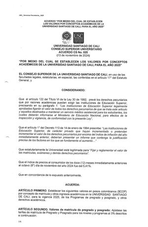 ACUERDO CS 025  (Noviembre 13 De 2024) Derechos Pecuniarios 2025 USC