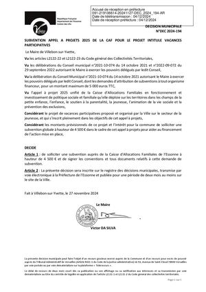 DEC 2024 194 Subvention Appel à Projet 2025 De La CAF Pour Le Projet Intitulé Vacances Participatives