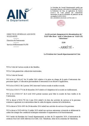 Arrêté Portant Changement De Dénomination Du SAD Valse Rose  Situé à Valserhone En SAD G2L Valserhone