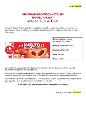 RAPPEL PRODUIT BARQUETTES DE FRAISES
