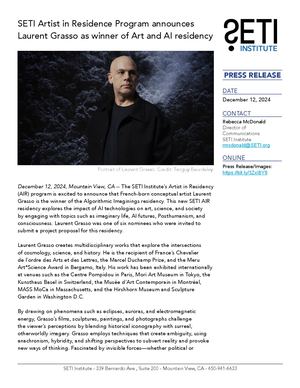PR: SETI Artist in Residence Program announces Laurent Grasso as winner of Art and AI residency