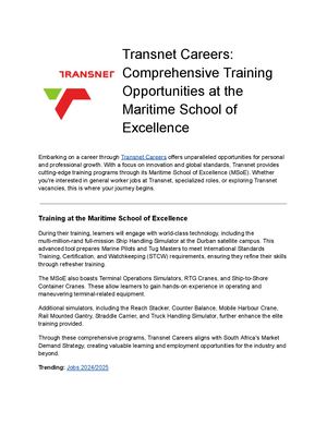 Transnet Careers Comprehensive Training Opportunities At The Maritime School Of Excellence