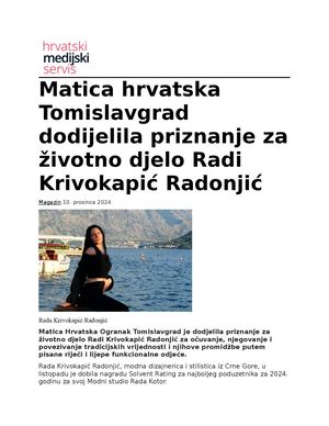 Hrvatski Medijski Servis Matica hrvatska Tomislavgrad dodijelila priznanje za životno djelo Radi Krivokapić Radonjić