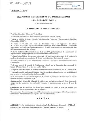 Ar1-2024-01507 Arrêté De Fermeture Du Bar Restaurant Kalbar Boui Boui, 11 Rue Edmond Fontaine 80000 Amiens