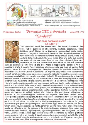 Avvisi Parrocchiali Dal 15 Al 22 Dicembre 2024 - 3ª Domenica Di Avvento 2024
