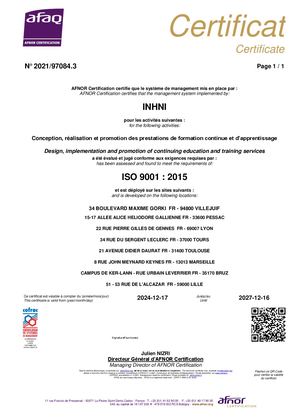 Certificat Afnor Inhni 2024 à 2027
